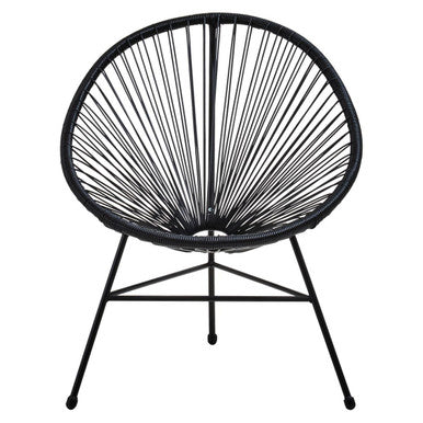 Black rattan woven string chair with fan-like backrest and metal legs from miami black rattan patio set