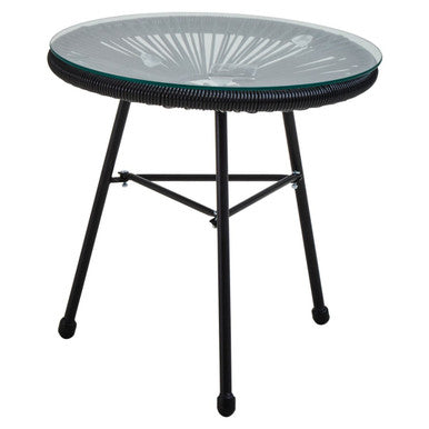 Black rattan round table with clear glass top and fan shaped etched design in miami black rattan patio set