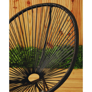 Black woven wicker chair with circular backrest part of miami black rattan patio set