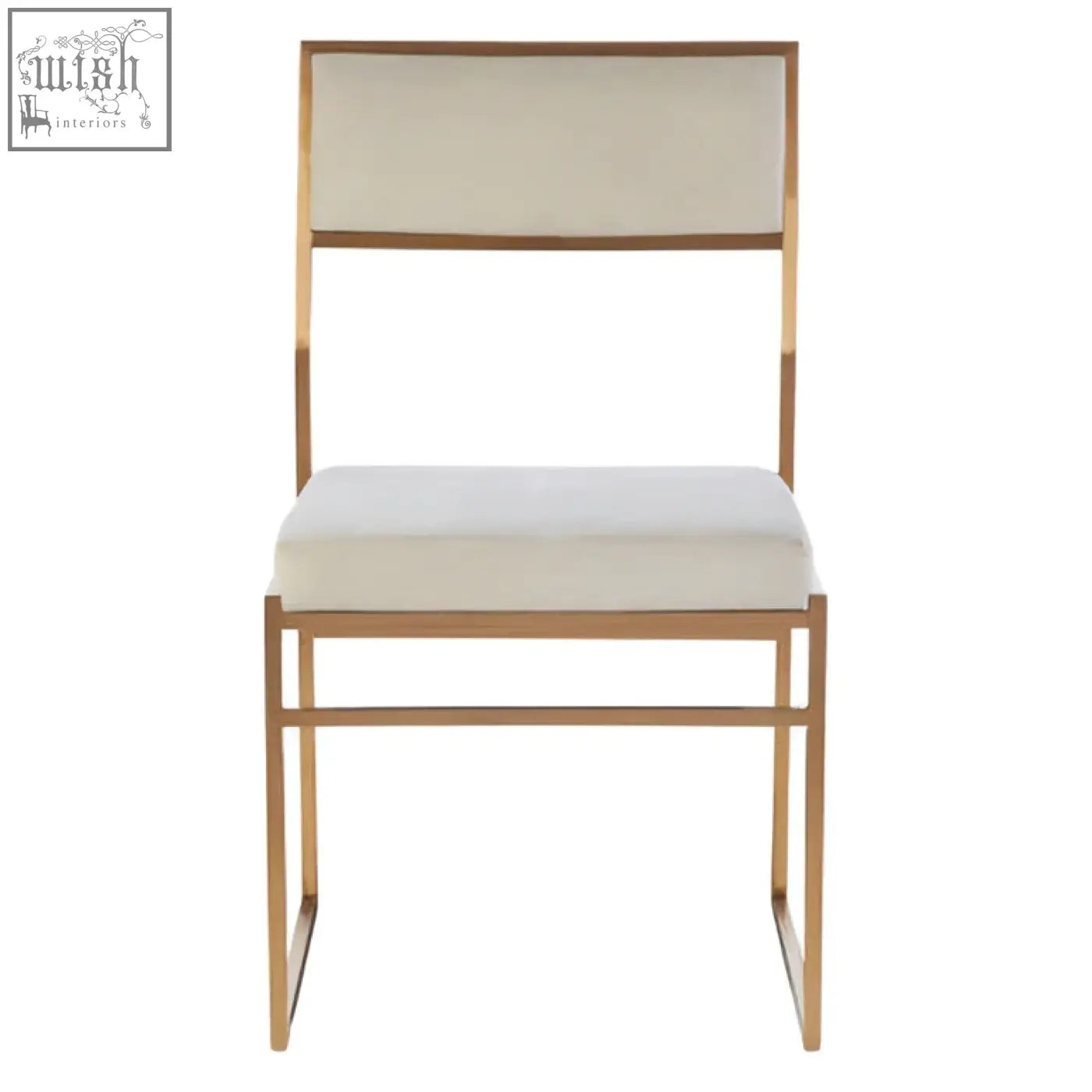 Gold-toned metal frame dining chair with milky white velvet upholstered seat and back for stylish dining