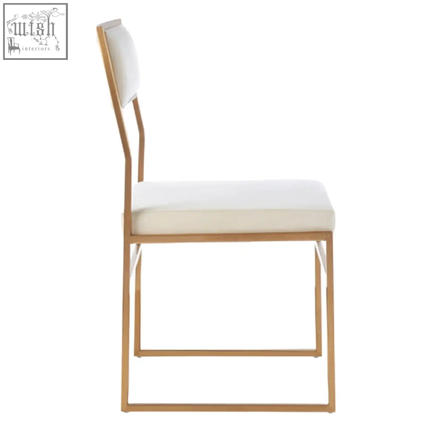 Gold-toned metal frame dining chair with milky white velvet upholstered seat and backrest for stylish dining