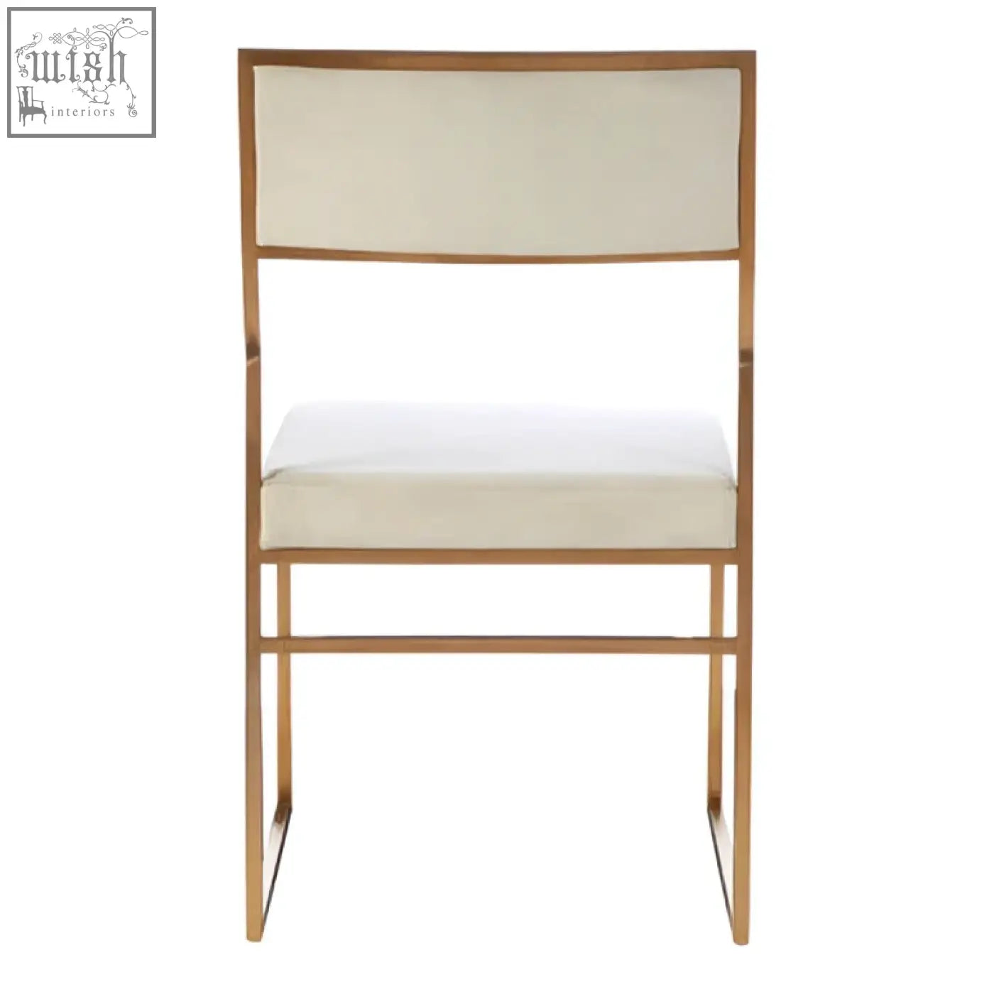 Gold-toned metal frame dining chair with milky white velvet upholstered seat and back for a stylish look