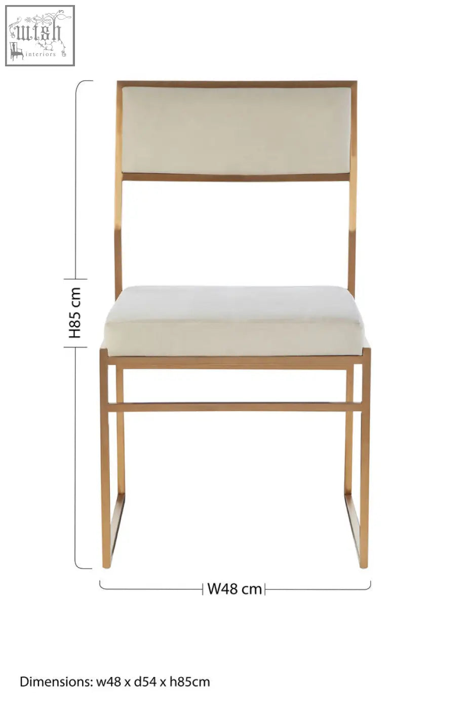 A modern dining chair with a sleek gold frame and plush milky white velvet upholstered seat and backrest
