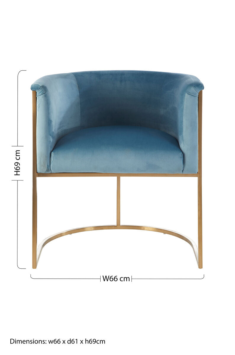Mias blue velvet chair featuring a plush blue velvet seat with a sleek gold metal frame perfect for stylish seating