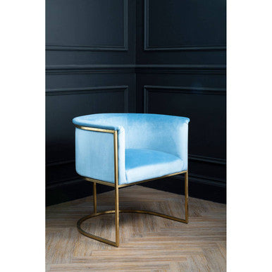 Light blue velvet chair with sleek gold metal frame perfect as a stylish blue velvet chair for any room