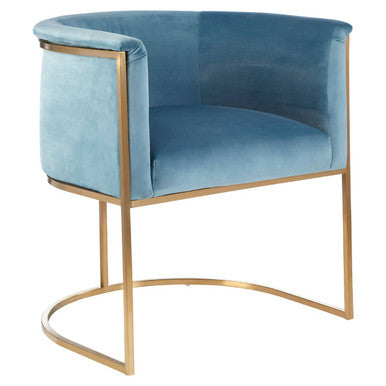 A sleek mias blue velvet chair with soft blue velvet upholstery and a polished gold metal frame and curved legs