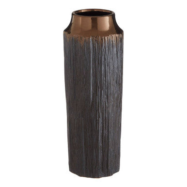 A large vase with a dark bronze textured ridged body and smooth copper rim perfect for mica large decor