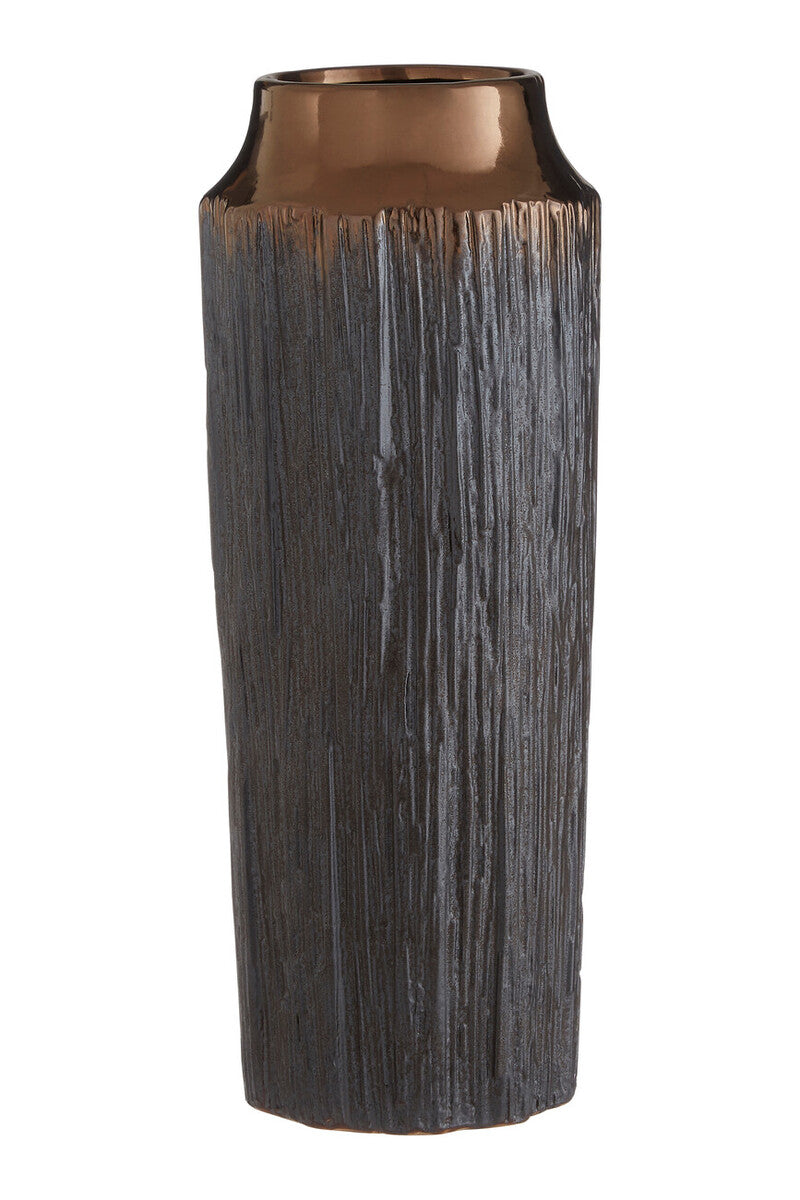A mica large vase with a tall slender textured dark gray body and a glossy copper rim large vase perfect for decor