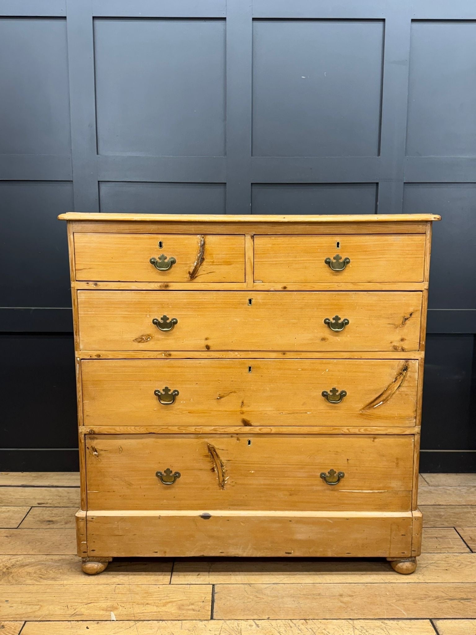 Mid victorian rustic pine chest of drawers with rounded corners brass crown handles and visible wood grain