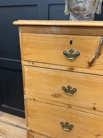 Mid victorian rustic pine chest of drawers with rounded corners light wood brass crown handles and keyholes for storage