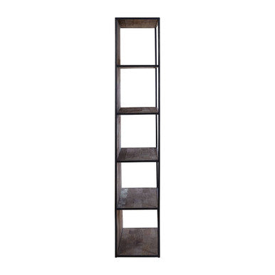 Black metal shelf unit with five shelves featuring rustic weathered elm wood strips finish