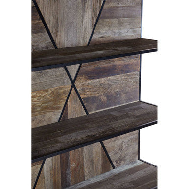 Dark wood midas 5 tier shelf unit with black metal frame and geometric design featuring elm wood strips