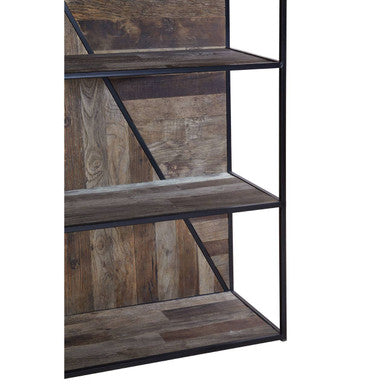 Midas 5 tier shelf unit industrial style with dark elm wood strips and black metal frame shelf unit