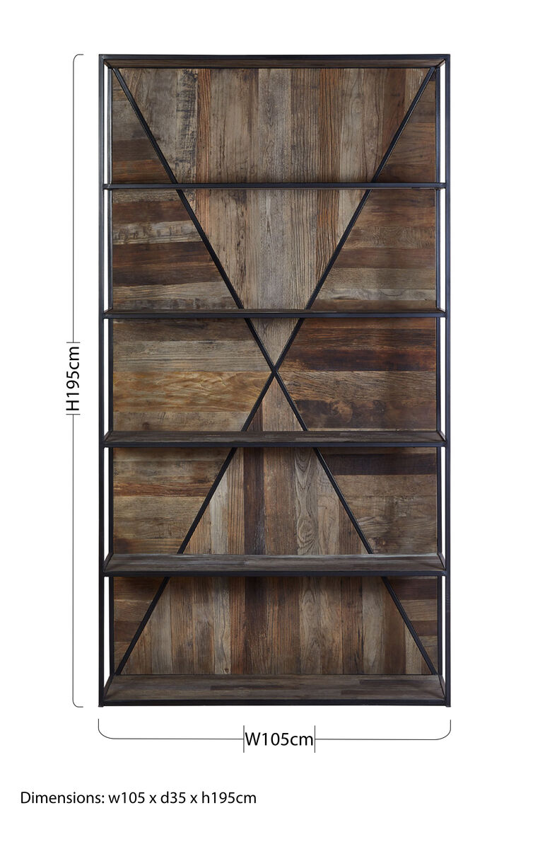 Midas 5 tier shelf unit with dark metal frame and rustic elm wood strips arranged in an x pattern