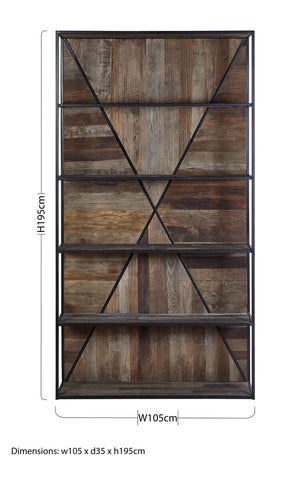 Midas 5 tier shelf unit with dark metal frame and rustic elm wood strips arranged in an x pattern