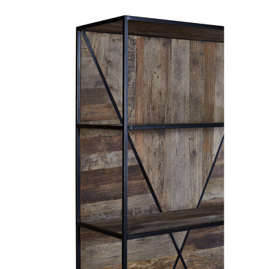 Industrial style midas 5 tier shelf unit with dark metal frame and elm wood strips for sturdy storage