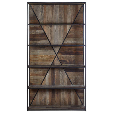 Midas 5 tier shelf unit with dark metal frame and elm wood strips in a geometric, industrial-style design