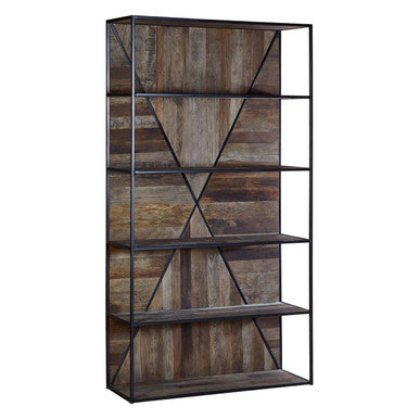 Midas 5 tier shelf unit with black metal frame and rustic elm wood strips featuring natural grain patterns