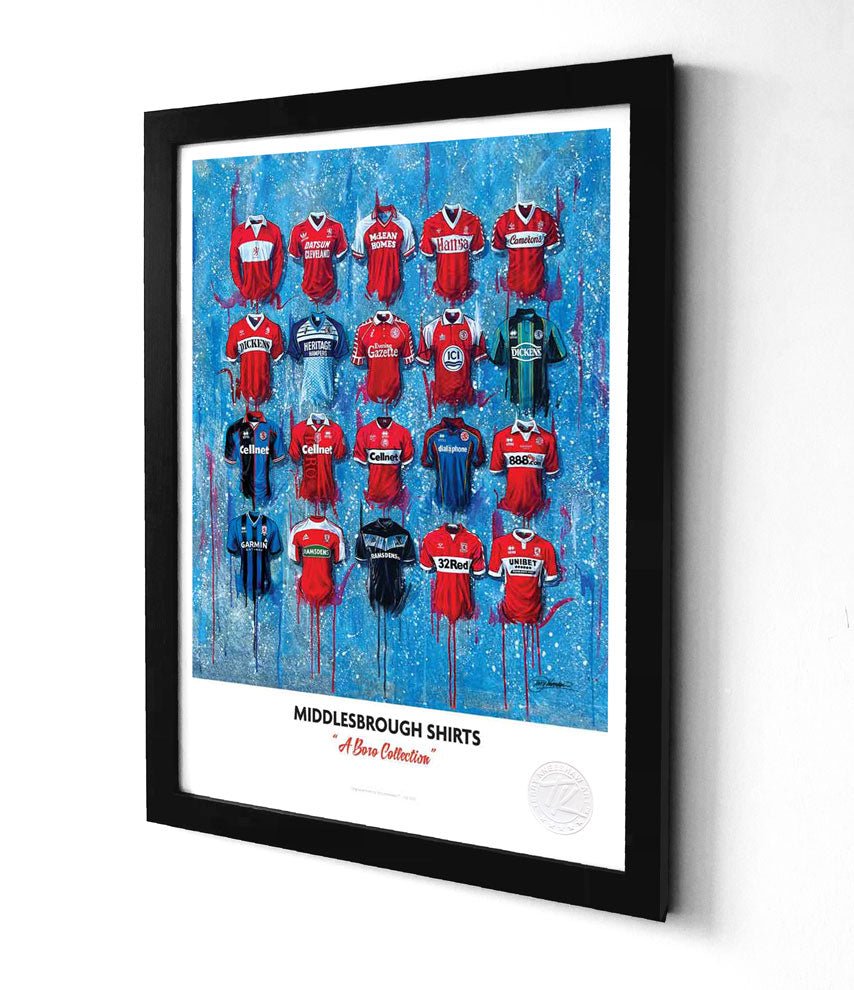 Framed middlesbrough a3 print featuring vibrant blue background with red white and black football jerseys in rows