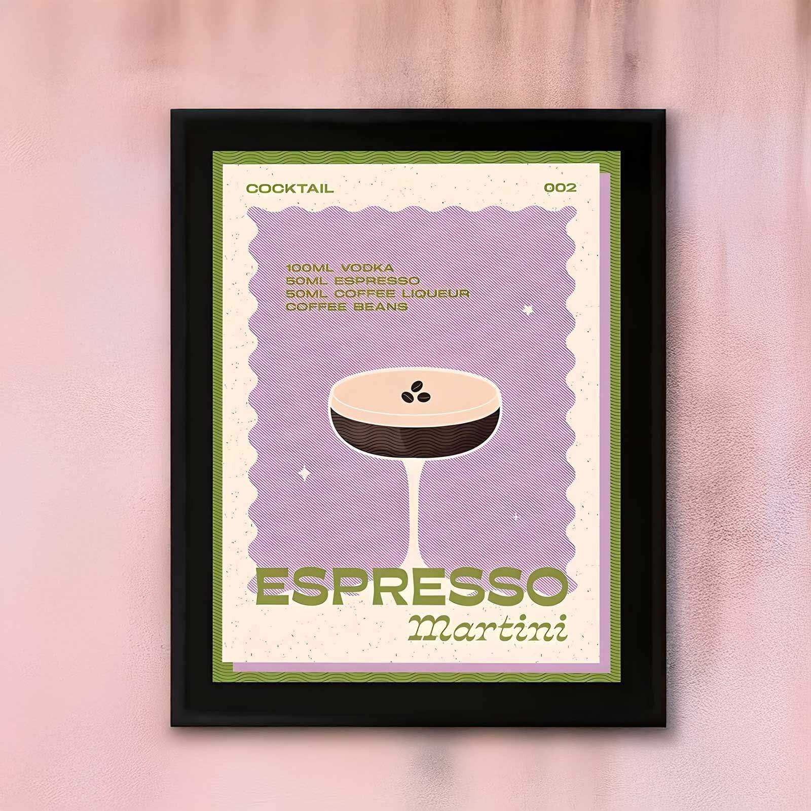 Black framed midnight espresso martini print with purple and green vintage cocktail recipe and espresso martini illustration