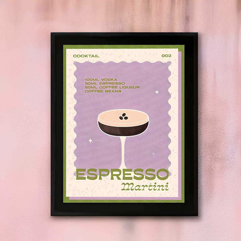 Black framed midnight espresso martini print with purple and green vintage cocktail recipe and espresso martini illustration