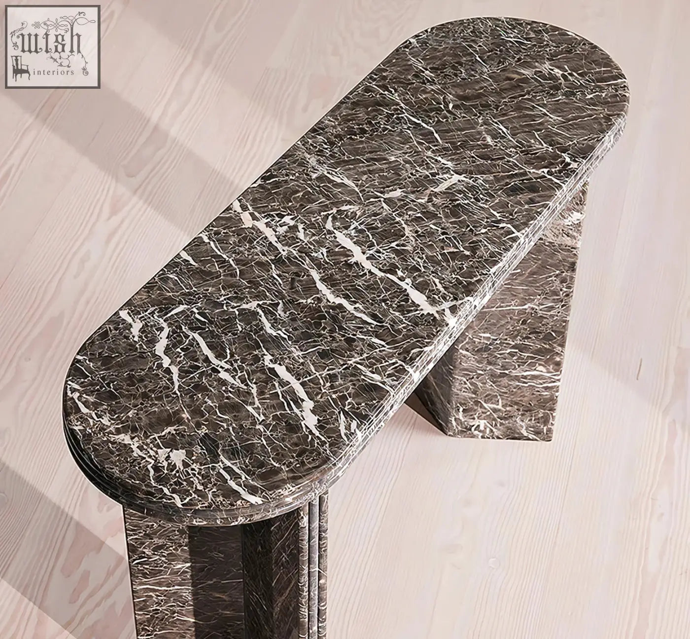 Dark gray black console table with sleek modern design and natural marble surface featuring white veining