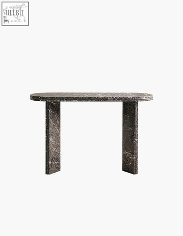 Dark gray black console table with natural marble surface and sleek oval top with two sturdy rectangular legs