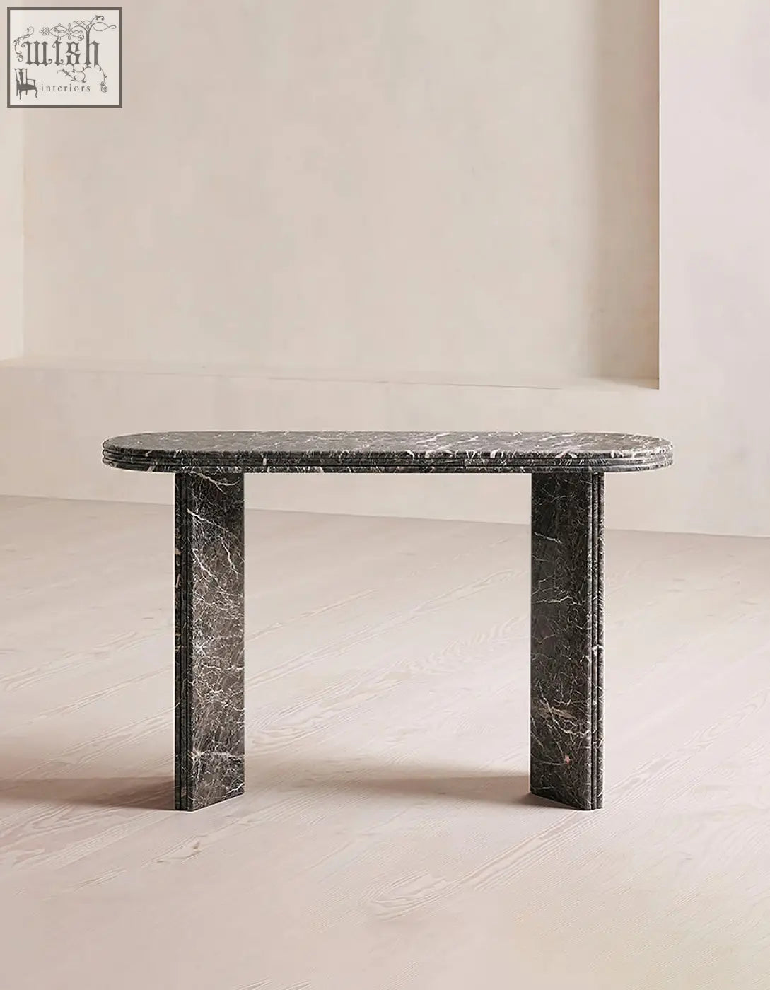 Elegant midnight luxe console table with black console table style and natural marble surface in oval shape