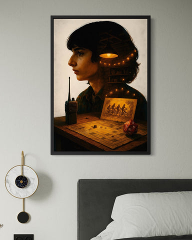 Black-framed stranger things poster of young man in profile with warm lighting and detailed interior silhouette