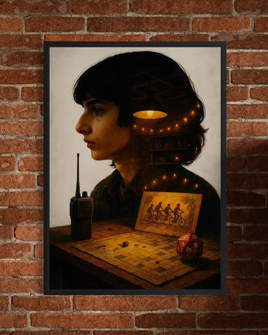A framed stranger things poster featuring mike in profile with an illuminated room filled with warm lighting and bookshelves