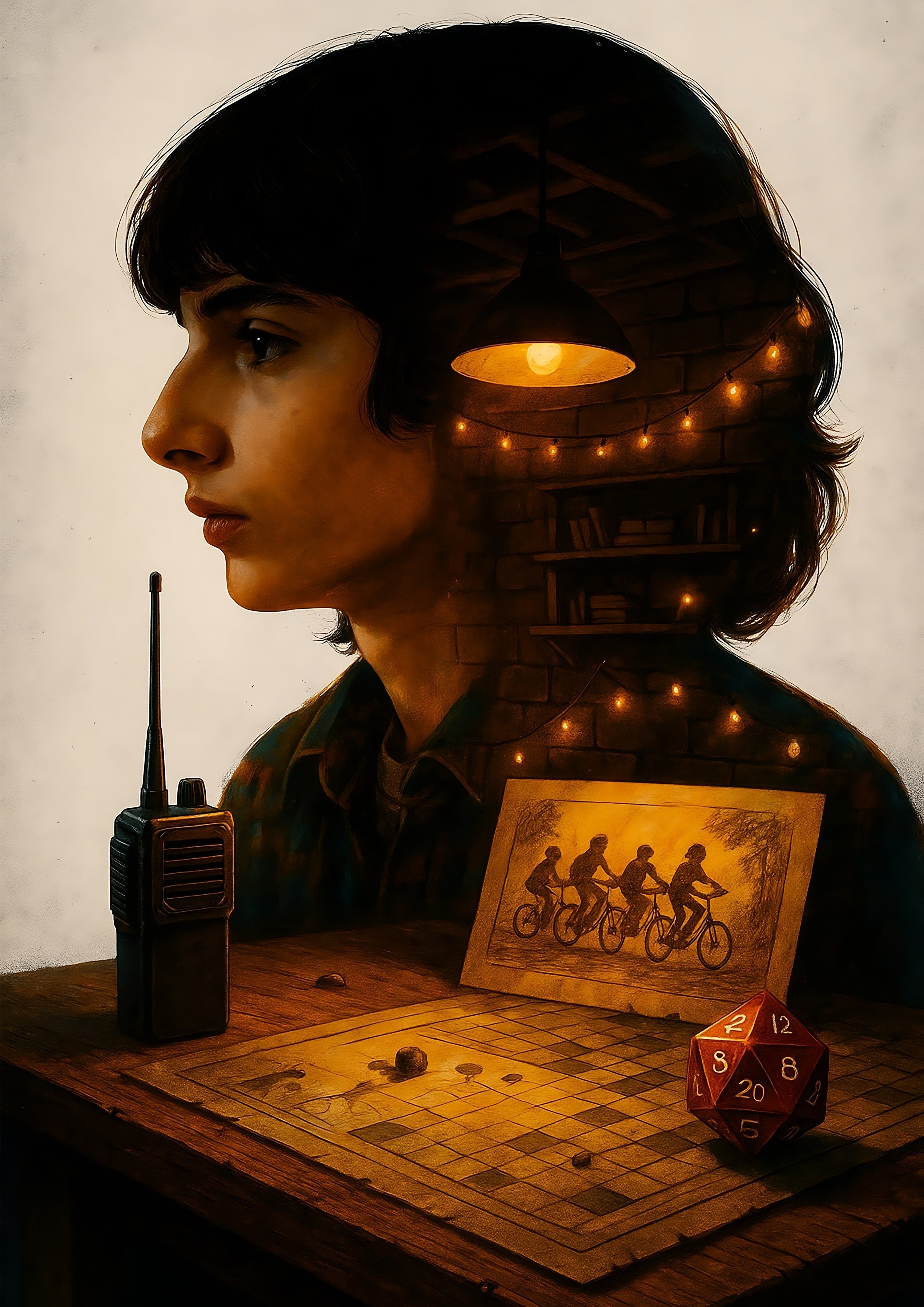 A red twenty-sided die with black numbers on a wooden table next to a framed cyclists photo in a stranger things poster setup