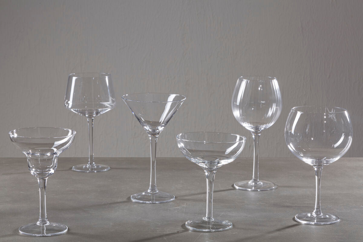 Set of 2 clear crystal mila gin glasses with fluted texture in various shapes including martini and coupe designs