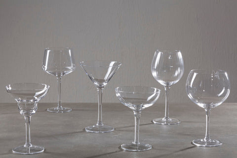 Set of 2 clear crystal mila gin glasses with fluted texture in various shapes including martini and coupe designs