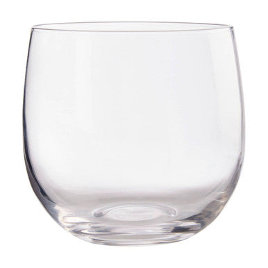 Clear glass tumblers from the mila set with a wide bowl and rounded stemless design and a thick base