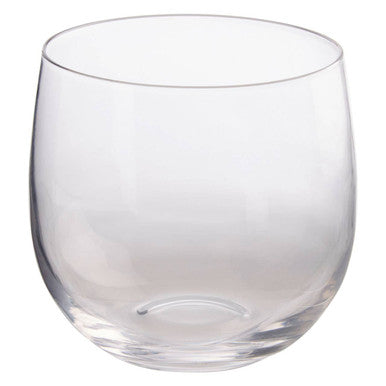 Clear glass tumblers from the mila set featuring a stemless design with a wide bowl and slightly wider rim