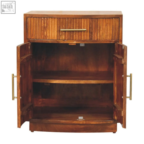 Rich brown wooden bedside cabinet with vertical slat detailing and brass handles from milan fluted collection