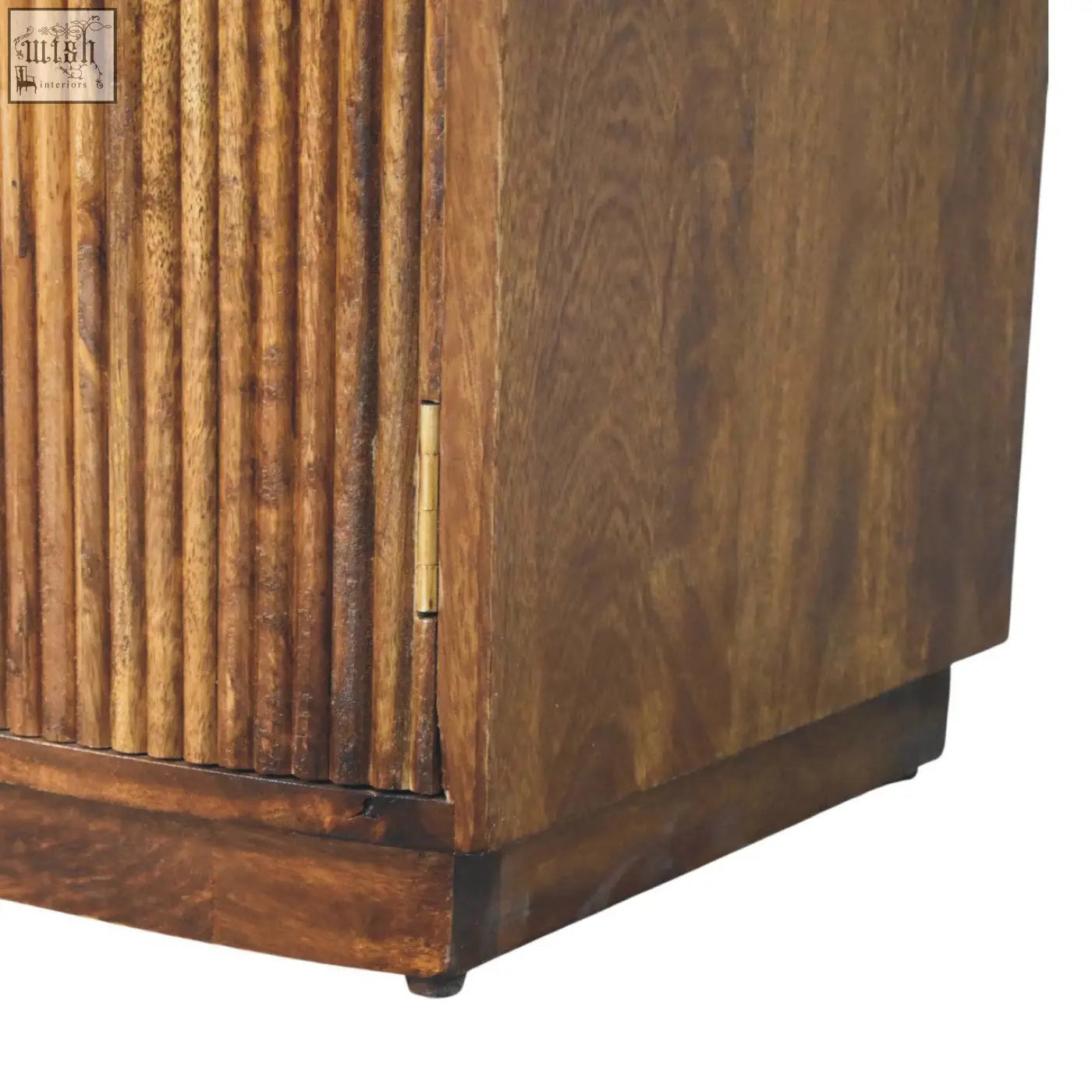 Rich brown wooden bedside cabinet with vertical slatted doors and brass hinge in milan fluted style