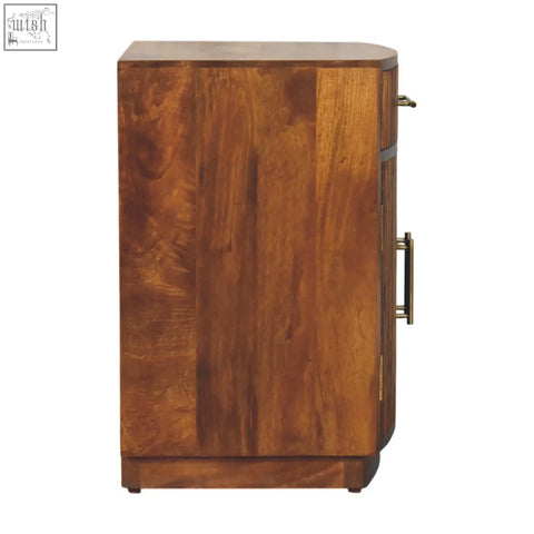 Milan fluted bedside cabinet in rich warm wood with smooth finish and vertical grain pattern bedside cabinet
