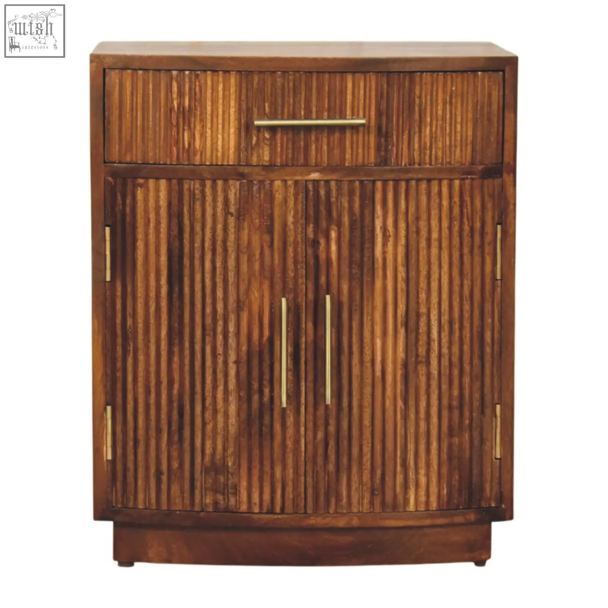 Milan fluted bedside cabinet with rustic wood and vertical bamboo slats featuring gold-toned handles and a drawer