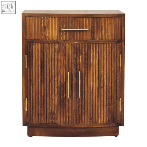 Milan fluted bedside cabinet with rustic wood and vertical bamboo slats featuring gold-toned handles and a drawer