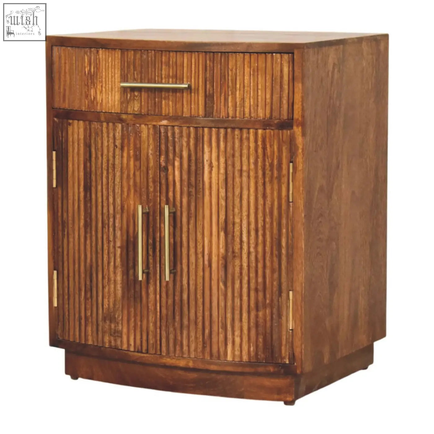 Milan fluted bedside cabinet in rustic wood with vertical slats and brass handles for stylish bedroom storage