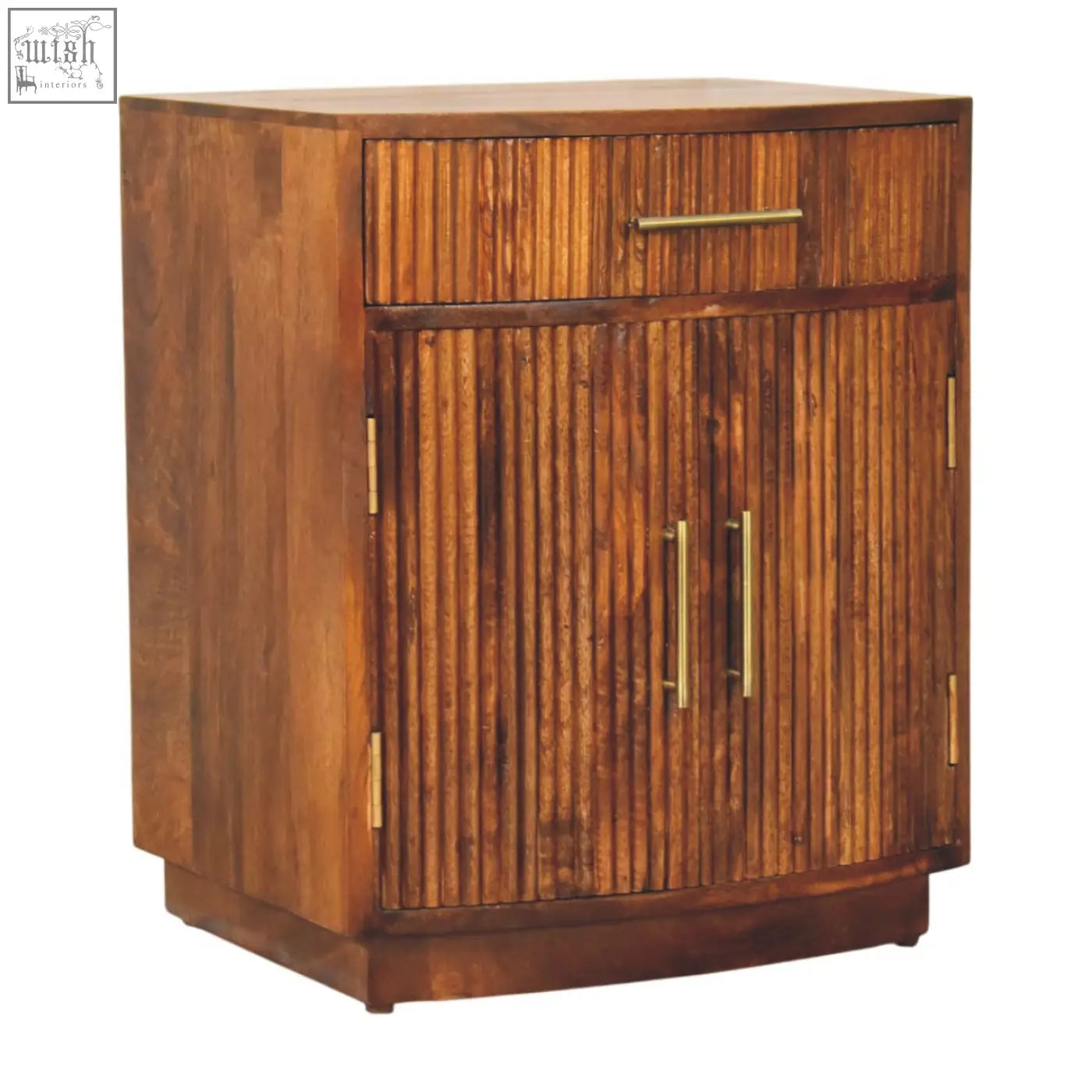 Rustic wooden milan fluted bedside cabinet with vertical slat doors and brass hardware for bedroom storage