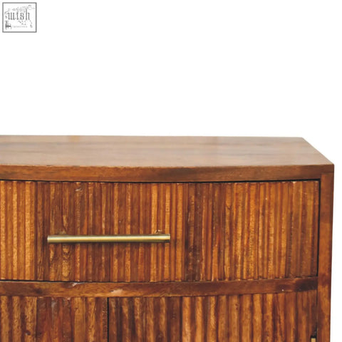 Rustic wooden milan fluted bedside cabinet with vertical slat detailing and brass drawer pull