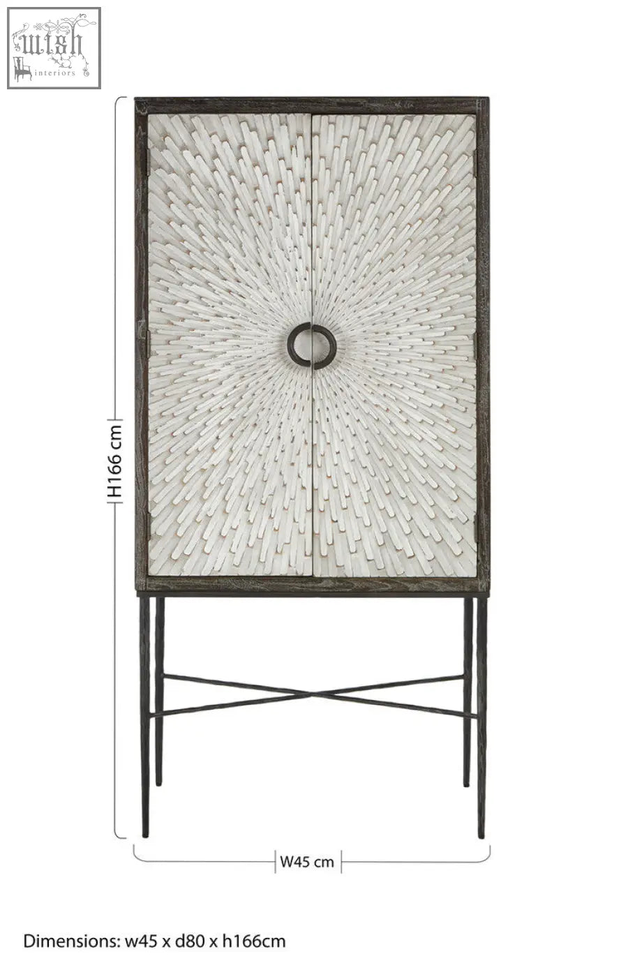 Tall slender elm wood wine cabinet with sunburst white panels and dark metal frame called milan two door wood wine cabinet