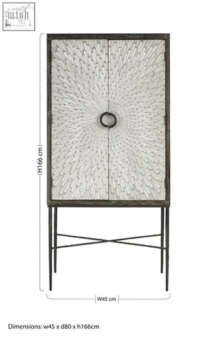 Tall slender elm wood wine cabinet with sunburst white panels and dark metal frame called milan two door wood wine cabinet