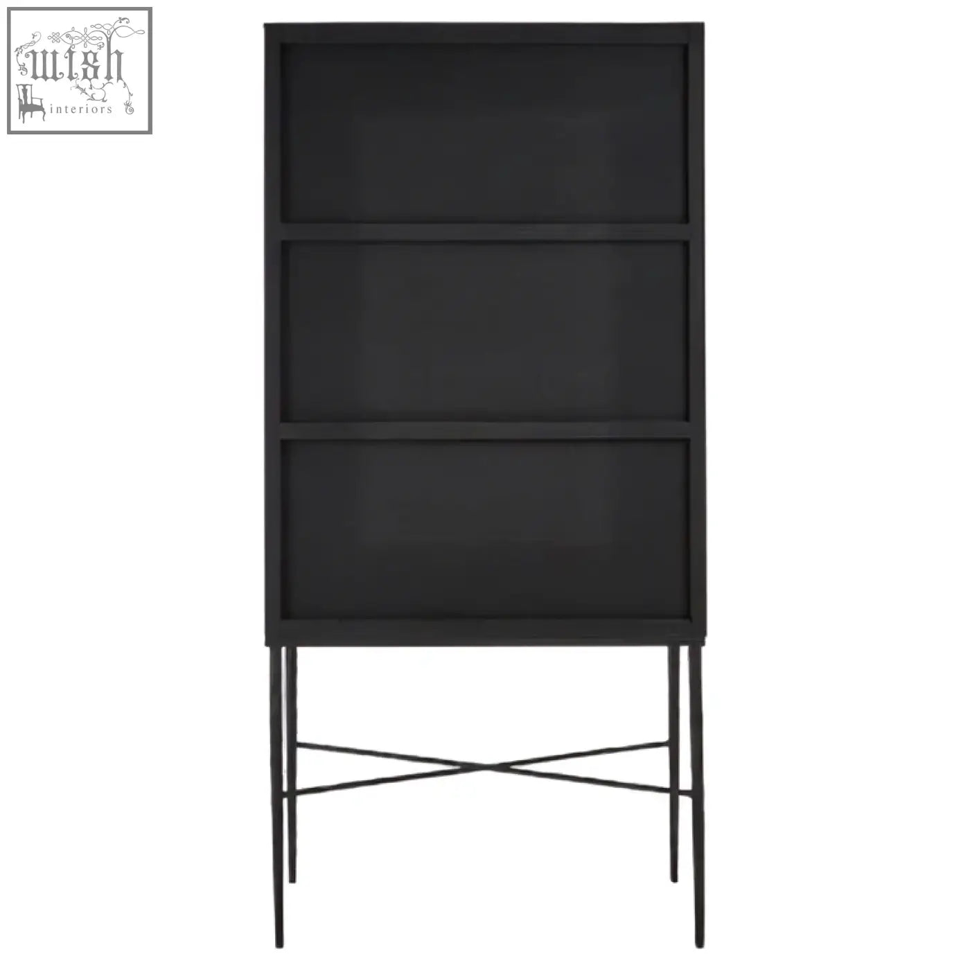 Black metal bookshelf with crossed legs and three glass shelves complements elm wood wine cabinet style
