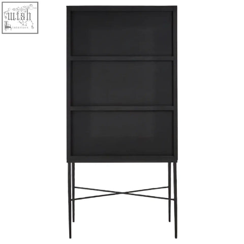 Black metal bookshelf with crossed legs and three glass shelves complements elm wood wine cabinet style