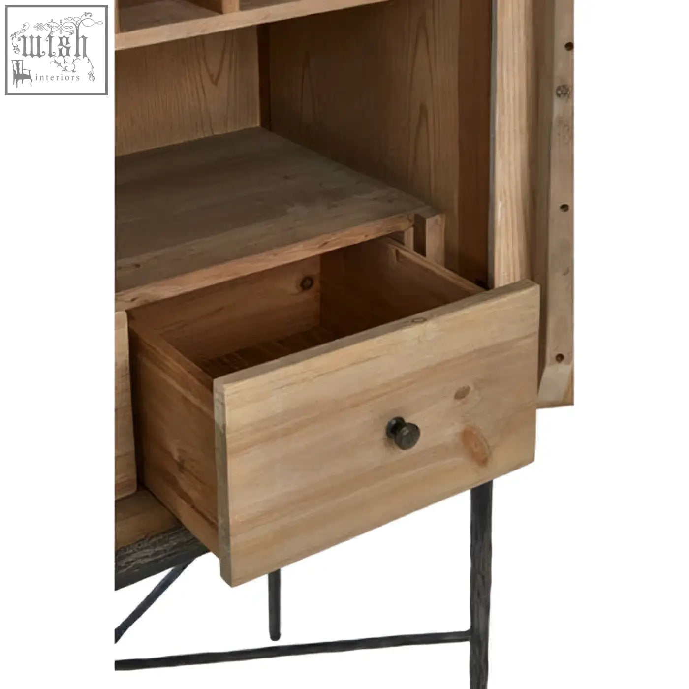 Light-colored elm wood drawer with dark metal knob on rustic milan two door elm wood wine cabinet