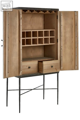 Milan two door elm wood wine cabinet with light oak wood, black metal frame, open shelves, and two drawers