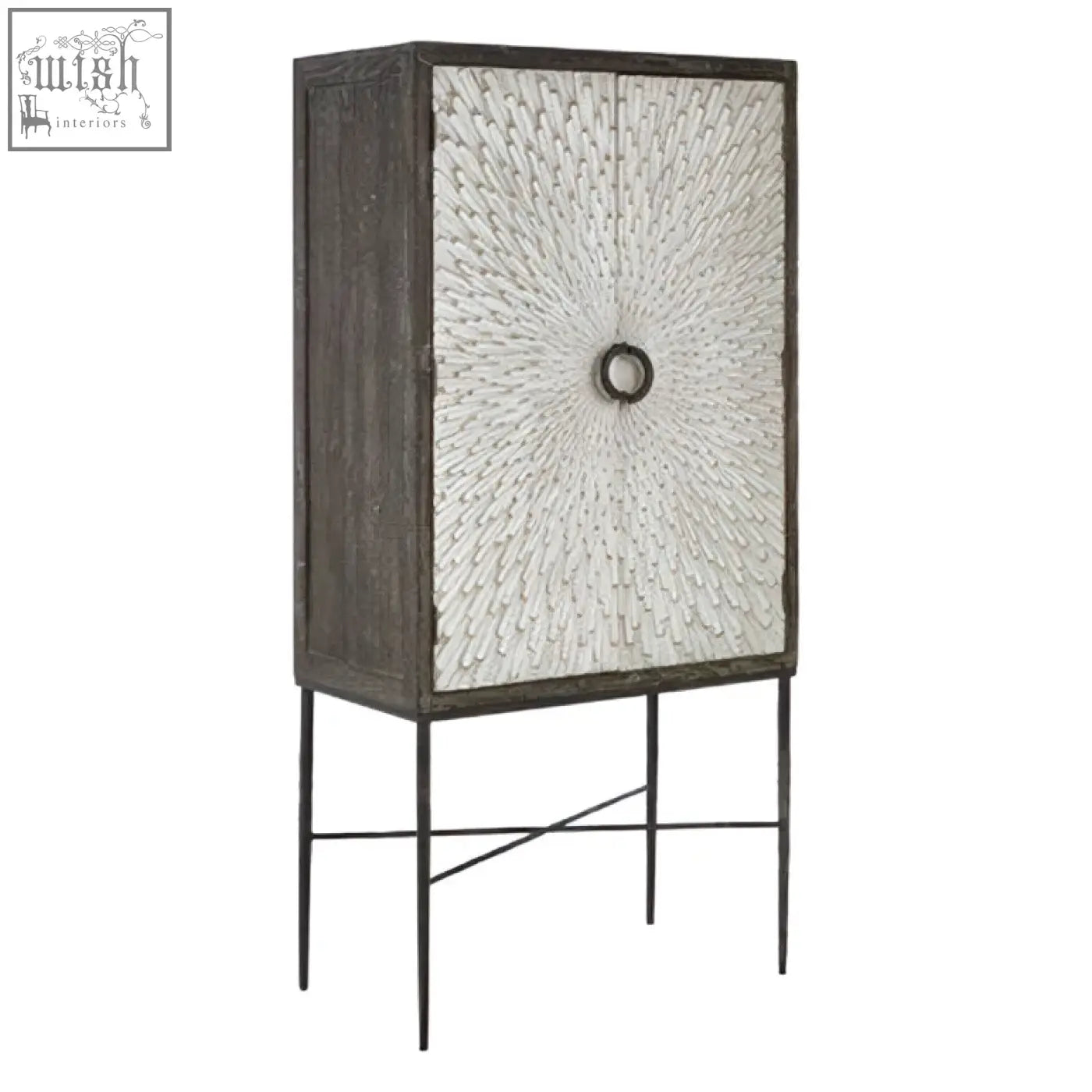 Tall slender elm wood wine cabinet with dark wood frame and white shell sunburst panels around central handle
